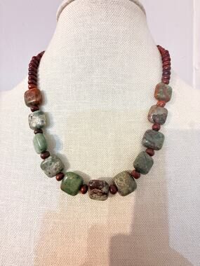 Rustic Green Stone & Brown Beaded Toggle Necklace 18”